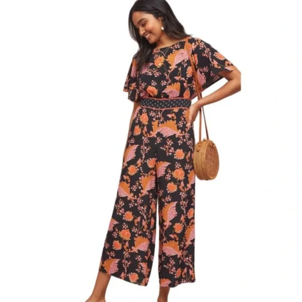 Anthropologie Maeve Belted Botanical Floral Black Jumpsuit Size 2 | XS